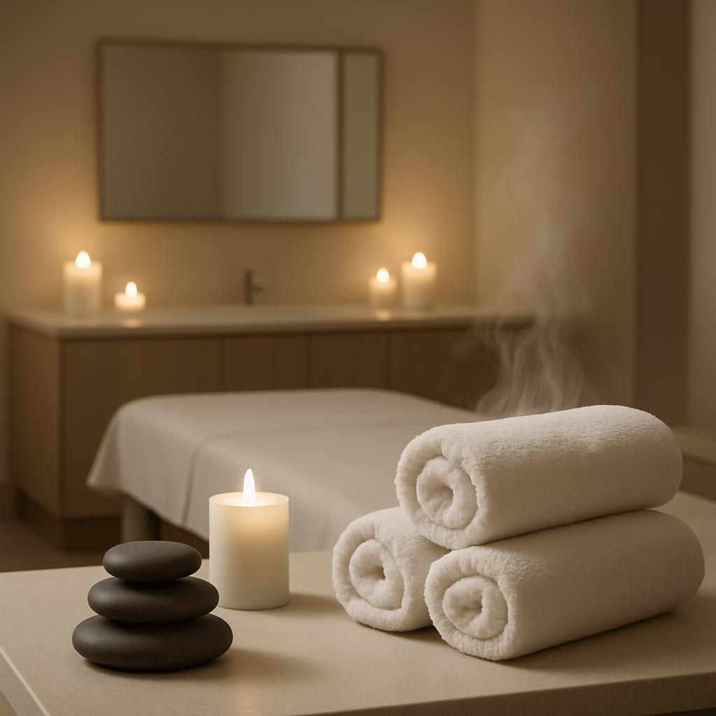 A serene spa room with an out-of-focus massage table in the center. Nude granite, massage room, soft focus, beige linen ma...