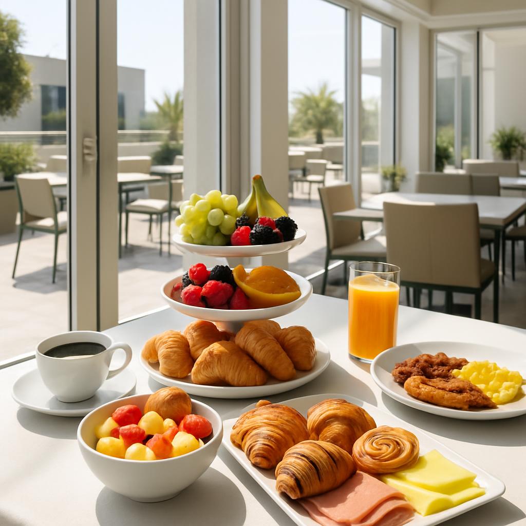 A breakfast spread on a white table in an open, sunlit dining room with large windows overlooking a patio.