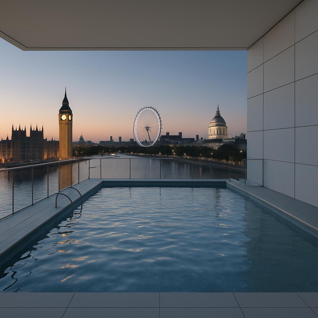 A serene pool scene with a cityscape and prominent landmarks, including Big Ben and the London Eye, set against a vibrant ...
