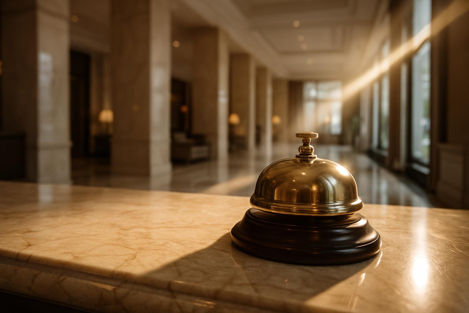 A hotel or office lobby room with a desk and a gold bell on the surface, the background is out of focus and the foreground...